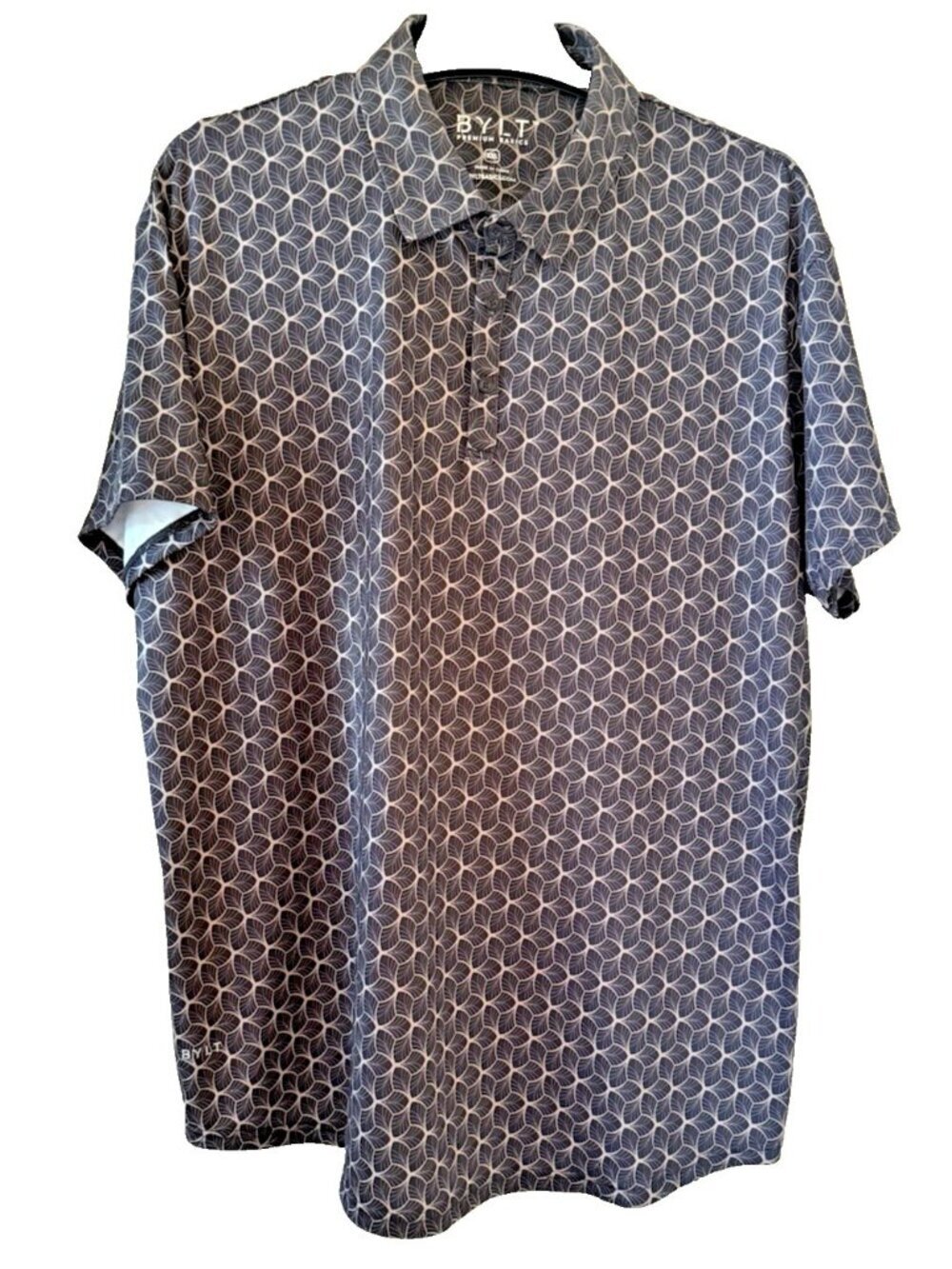 BYLT Polo Shirt Top Men's 2XL Short Sleeve Premium Basics Geometric Print Gray